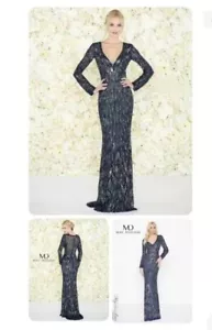 MAC DUGGAL 4578D Navy Midnight Blue Metallic Beaded Long Sleeve V-Neck Gown 14 - Picture 1 of 4