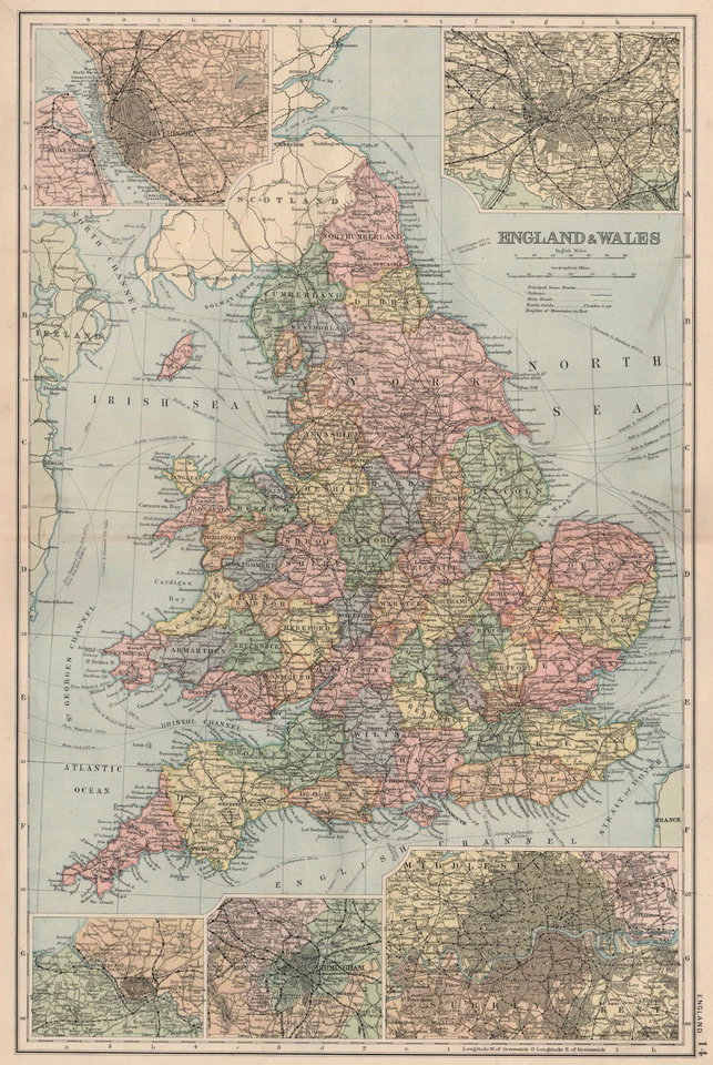 INGLATERRA Y GALES. Liverpool Manchester Bristol Birmingham Londres. Mapa BACON 1893 Foto 1 de 1