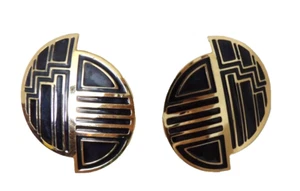 Orecchino asimmetrico stile art deco tono oro nero acrilico post traforato vintage - Foto 1 di 3