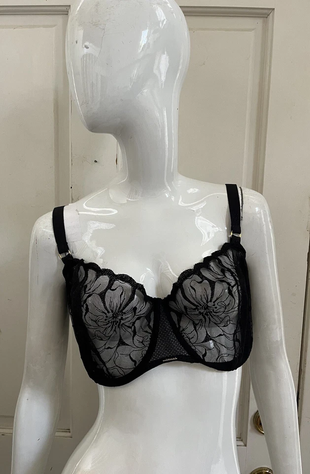 CHANTELLE Black Sheer Lace FLEURS Underwire Bra Sz 36DDDD #C12M50 - Image 1 of 4