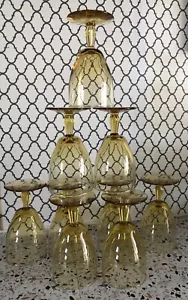 Set Of 9 Vtg Ripple Amber/Gold Glass Stemmed Bar Glasses Water/Wine Goblets - Picture 1 of 8