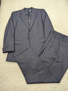 Jos A Bank Suit Mens 42L 34x31 Blue Pinstripe 2 Piece Flannel Navy Chalk Stripe - Picture 1 of 22