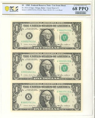 💥💫Top Graded💥💫 1985 $1 Federal Reserve Notes - Uncut Sheet of 3 PCGS 68PPQ - Image 1 of 3