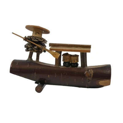 Japanese Wooden Kokeshi Doll Vtg Figurine 3 People Boat Pine Cone Brown KF756 - Image 1 of 4