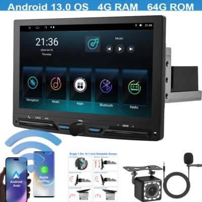 10.1'' Single 1 Din Android 13 Car Stereo Radio GPS 4G WiFi BT Carplay Rotatable - Image 1 of 4