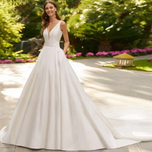Vestidos de novia simples de satén con cuello en V sin espalda lazo plisado bolsillos vestidos de novia - Imagen 1 de 6