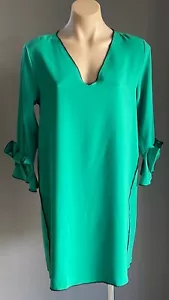ZARA BASIC Green/Black Trim Shift Dress w Bow Trim Sleeve Mini Dress Size AU12 - Picture 1 of 9