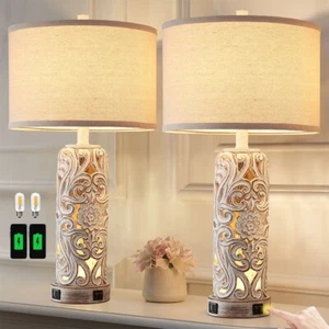 RORIANO 2-Pack Rustic Lamps | Farmhouse USB/Night Light | Antique White Resin - Picture 1 of 4