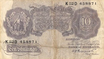 Reino Unido / Inglaterra 10/- ND. Billete circulado serie K 52 D 1940 BB5 Foto 1 de 2