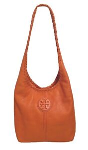 Tory Burch Marion Hobo Coral Orange Pebbled Leather Handbag Purse Med Size EUC!