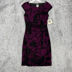 Anne Klein Sheath Dress NWT Women's 4 Purple Black Floral Career Church Ruched - Picture 1 of 10