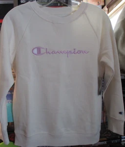Champion Girls' Off-white Fleece Crewneck Sweatshirt (pink logo) 7352CG Natural - Picture 1 of 2