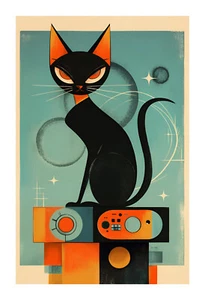 Stampa artistica gatto audiofilo moderno metà secolo anni 60 apc15 - Foto 1 di 2