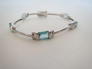 PAS Designer Modernist Blue Topaz & Sterling Silver Bar Link Line BRACELET 7" L - Picture 1 of 11