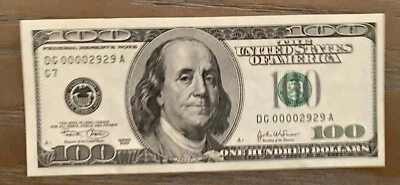 USA $100, UNC, LOW SERIAL 3-digit Number DC 00002929 A Benjamin Franklin - Image 1 of 2