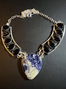 Blue Topaz & Dendrite Handmade Big Necklace Jewelry 63 Gms - Picture 1 of 4