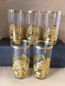 Culver Ltd (5) Merry Mushroom 22k Gold Lime Green Highball  12 Oz Glasses Signed - Picture 1 of 10