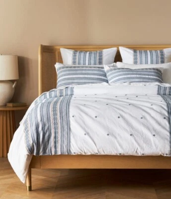 Anthropologie Coyuchi Blue Stripe Organic Queen Duvet Cover Boho Southwest Rare - Image 1 of 4