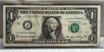 U.S. One Dollar Bill J44444888 Series 2006 Fancy Serial Number Circulated - Image 1 of 2