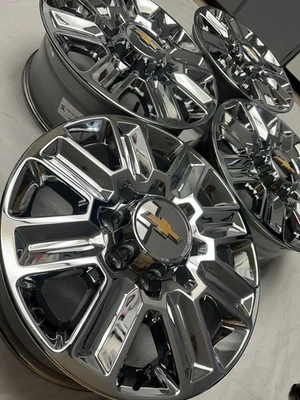 2025 CHEVY 2500 3500 HD SILVERADO HIGH COUNTRY CHROME STOCK OEM WHEELS RIMS 20” - Image 1 of 4