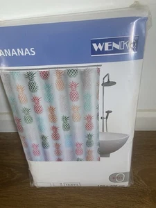 NEW WENKO POLYESTER SHOWER CURTAIN & 12 HOOKS PINEAPPLE DESIGN SIZE 180 X 200 - Picture 1 of 5