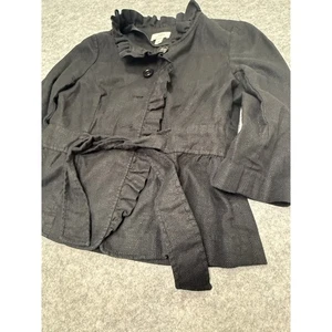 Ann Taylor Loft 3/4 Sleeve Size 6 Belted Blazer Jacket Black Ruffled Collar - Picture 1 of 7