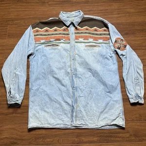Vintage Shooter Blue Denim Pearl Snap Shirt XL Southwestern Chambray Pocket Tee - Picture 1 of 24