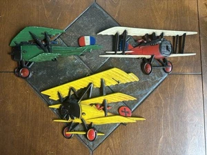 Set of 3 Vintage 1975 Homco USA Cast Aluminum WW1 Bi Plane Wall Decor - Picture 1 of 10