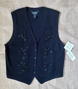 Vintage Black Floral Beaded Wool Blend Sweater Vest Large Folk Dark Cottage Core - Picture 1 of 6