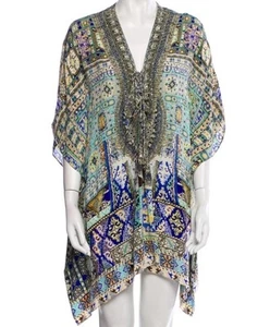 Camilla Kaftan Short Lace Up Size OS 100% Silk Embellished Top Resort Cover Up - Picture 1 of 19