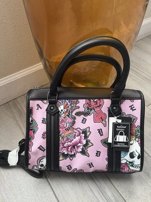 Ed Hardy Tattoo Women’s Skull & Roses Print Pink Satchel Crossbody Shoulder Bag - Image 1 of 4