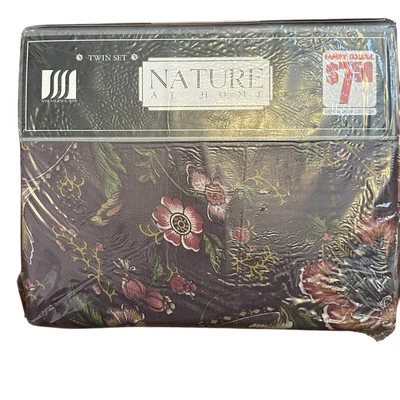 Vtg TWIN 3 Pc Bed Sheet Set Floral Burgundy Cottage FLAT FITTED & PILLOWCASE New - Image 1 of 3