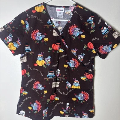 Scrubstar Happy Thanksgiving Scrub Top Cartoon Owls Pumpkin Small S Brown - Image 1 of 4