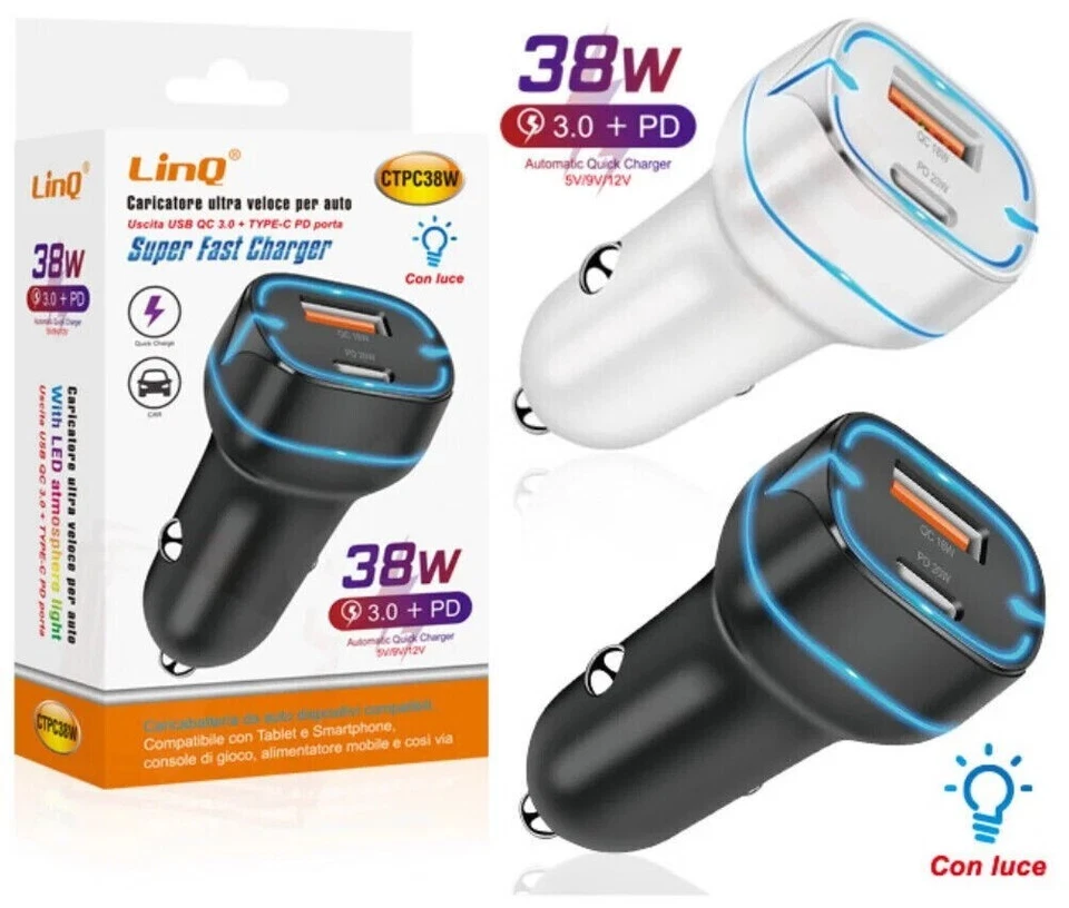 x Caricatore Auto Led blu QC 3.0 + PD 38W CTPC38W Caricabatterie Rapido linq - Immagine 1 di 1