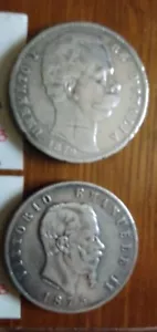 2 MONETE ARG. 5 LIRE UMBERTO I 1879 GENOVA -VITTORIO EMANUELE II 1876 ROMA - Foto 1 di 2