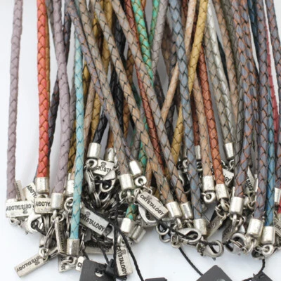 4mm geflochtene Echtleder Halskette mit versilberten Endkappen und Karabinervers - Bild 1 von 4