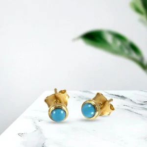 1 Ct Round Lab-Created Turquoise Bezel Set Stud Earrings 14K Yellow Gold Plated - Picture 1 of 8