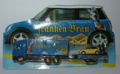 Hümmer Ho 1/87 Camion Mercedes Actros Franken Bräu Beer Austin Mini - Immagine 1 di 3