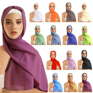 Women Muslim Hijab Bubble Chiffon Scarf Long Scarves Shawl Wrap Turban Headscarf - Picture 1 of 26