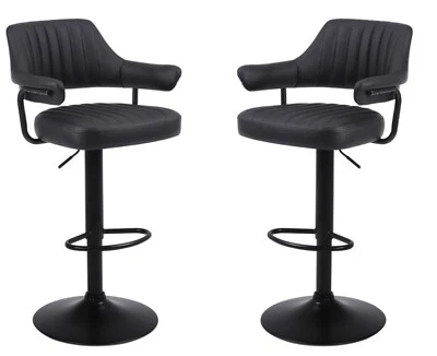 2 X PLUSH BLACK BAR STOOLS, GAS LIFT, BREAKFAST KITCHEN BAR PADDED ARMS & BACK - Image 1 of 4