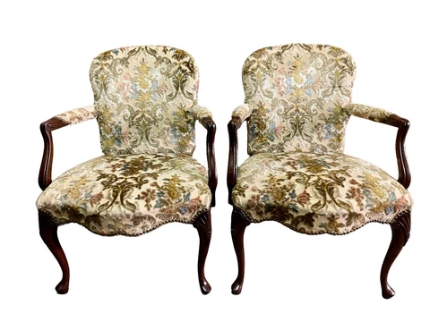 Vintage Pair of Regency Style Arm Chairs w/Nail Head Trim Cover