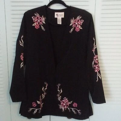 MAGGIE SWEET Black 2-Button Blazer Jacket Embroidered Pink Flowers Unlined Pads - Image 1 of 4