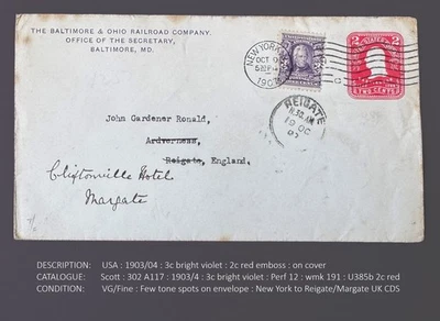 USA  : 1903/04 : 3c bright violet : 2c red emboss : on cover - Image 1 of 2