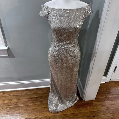 Adrianna Papell Champagne Gold long Sequin Off Shoulder Evening Dress Sz 2 - Image 1 of 4