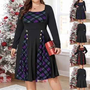 Übergröße Damen Kariert Midikleid Weihnachtskleid Langarm Partykleid Freizeit - Bild 1 von 14