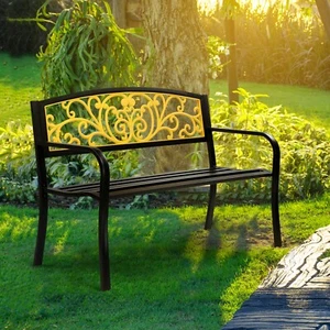 Garden Bench Metal Patio Bench Outdoor Porch Park Bench Cast Iron Sturdy Steel - Picture 1 of 14