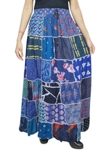 Maxi Skirts Blue Vintage Printed Boho Gypsy HIppie Patchwork Flare A-Line Skirt