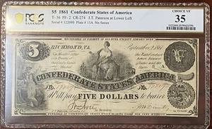 1861 $5 CONFEDERATE STATES CURRENCY NOTE T-36 PCGS 35 - Picture 1 of 3