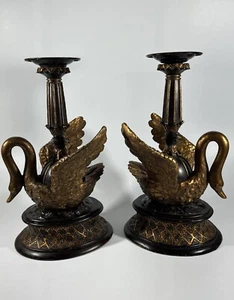 Centerpiece Swan Candle Holder Pillar Hollywood Regency Golden Art Deco Set Of 2 - Picture 1 of 24