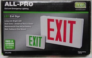 ALL-PRO EXIT AND EMERGENCY LIGHTING LED EXIT SIGN /RED & GREEN LETTERING APLX7RG - Picture 1 of 3